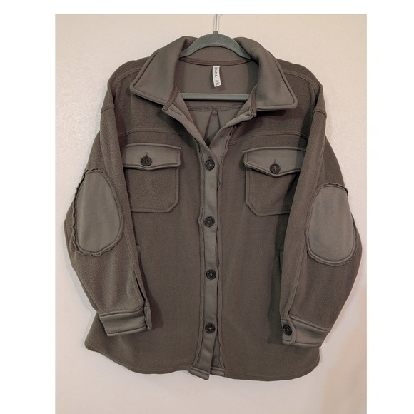 Zenana Jackets & Blazers - Zenana Olive Green Fleece Shacket Button Front Elbow Patch Jacket QJ-4000Y S
